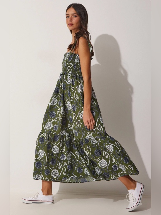 Zara Dresses & Skirts - Zara Olive Floral Tie-Shoulder Maxi Dress